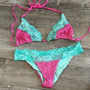 Beach Bunny Pink and Teal Lace Bikini Set